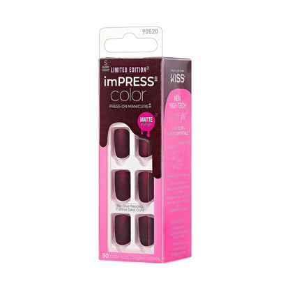 KISS imPRESS Color Press-On Manicure Halloween, Solid Red, Short Length, Square Shape, PureFit Technology, Chip Proof, Smudge Proof, Waterproof, Nail File, Manicure Stick & 30 Fake Nails