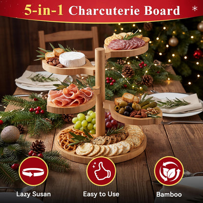 Tiered Charcuterie Board Gift for Women: Bamboo 360° Rotating Round Base with 4 Swivel Trays - White Elephant Gift Valentine Holiday Hosting Christmas Birthday Parties House Warming Gift for Couples