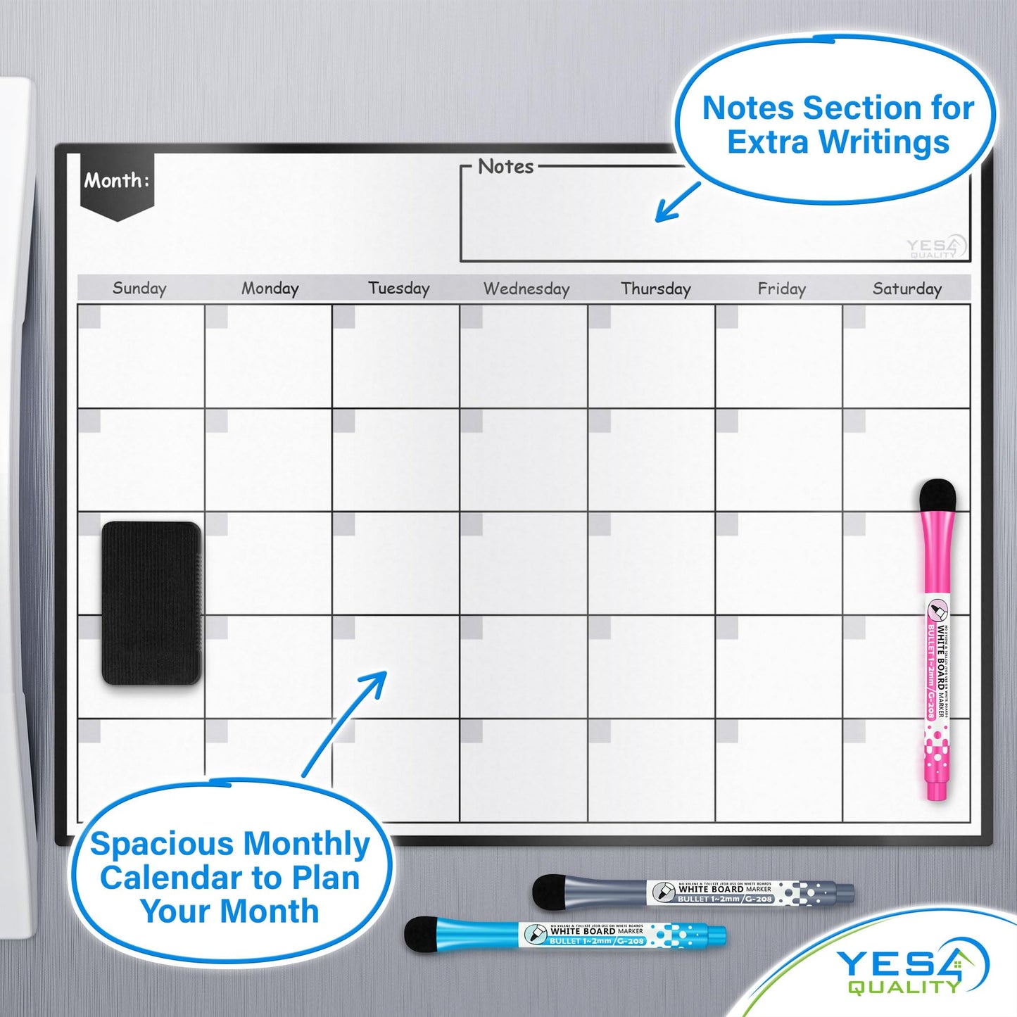 Magnetic Dry Erase Whiteboard Calendar for Fridge - A3 / 40 x 30 cm - Refrigerator White Board Sheet with 3 Colourful Markers & Eraser - Monthly Meal Planner & Organiser for Family - by Yes4Quality