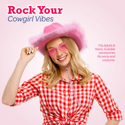 4E's Novelty Pink Cowboy Hat with feathers With Heart Shaped Sunglasses for Women, Felt Pink Cowgirl Hat for Party Costume Dress Up