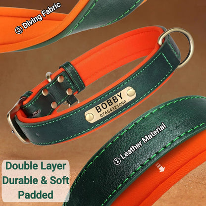 SEOUGEE Genuine Leather Dog Collar Personalised, Soft Padded Leather Dog Collars Heavy Duty with Custom Engraved Name Plate Adjustable for Small Medium Large Dogs (L, Green 35-45cm)