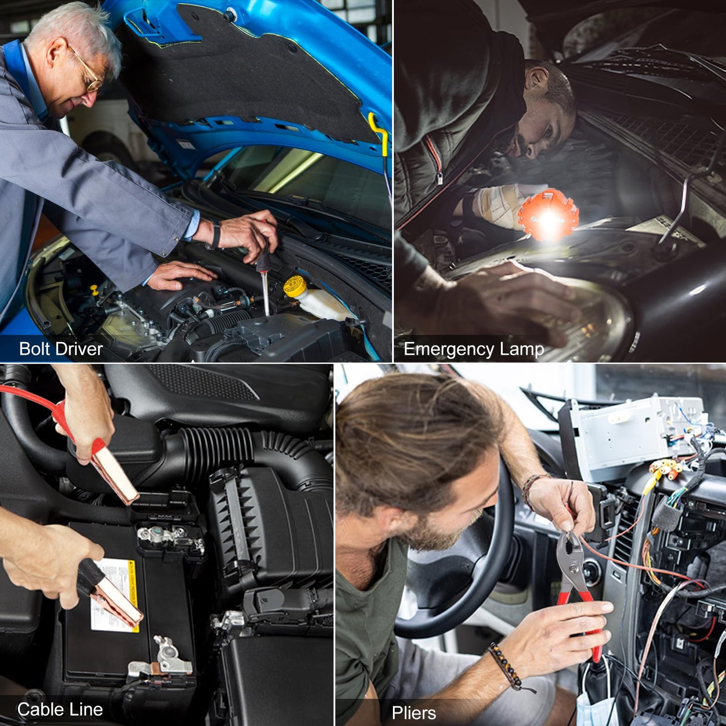 Car Safety Kit, NOONE Multifunctional Roadside Assistance Emergency Kits - First Aid Kit, Jumper Cables, LED Warning Light, Orange Strong Bag, Tools