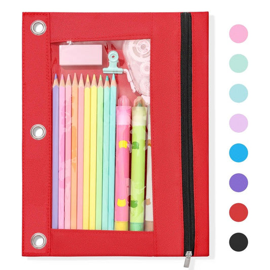 SUNEE Pencil Pouch for 3 Ring Binder, Large Zipper Pencil Case with Clear Window, 3 Reinforced Grommets, Binder Accessories for School and Office Supplies Storage, Red