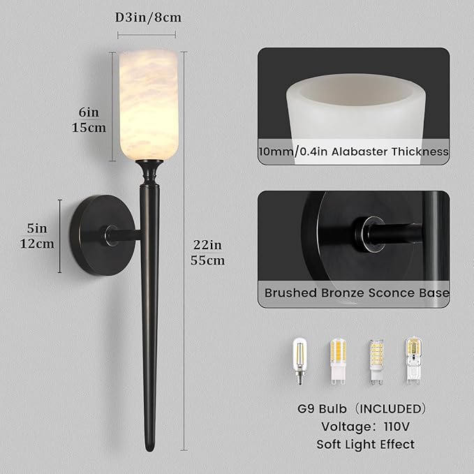 Alabaster Wall Sconce Set of 2, 22in Modern Spanish Natural Marble Bathroom Vanity Sconces, Indoor Black Wall Lighting Fixtures Decor for Bedroom Living Room Staircases