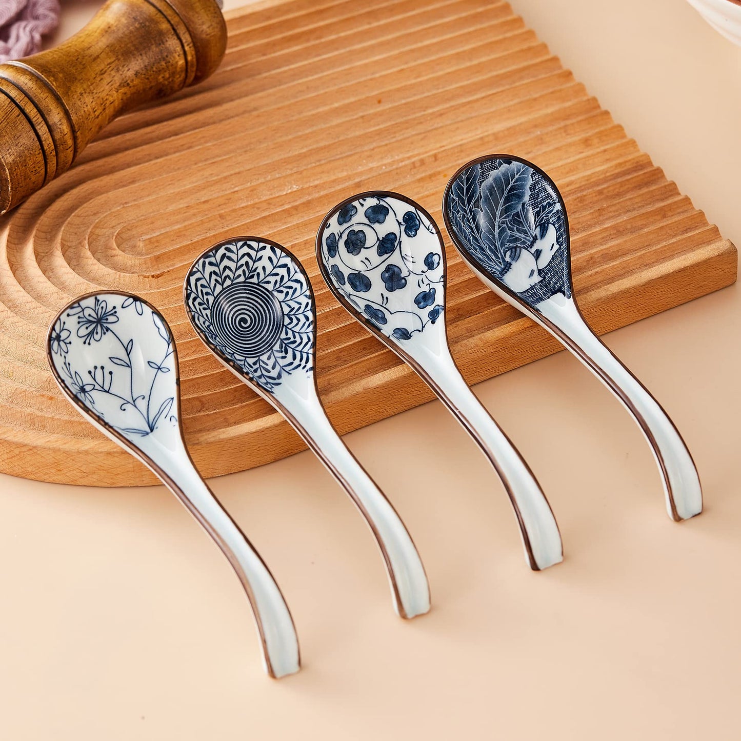 Ceramic Asian Soup Spoons, Easy to Hold, Long Handle Perfect Depth Spoon Set for Japanese Ramen Noodles, Chinese Dumpling, Pho, Miso, Wonton, Dishwasher Safe -Set of 4 - Blue
