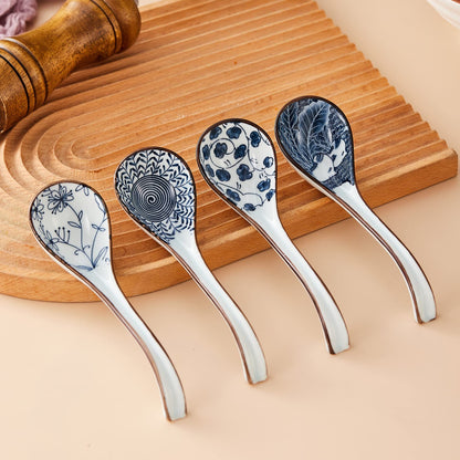 Ceramic Asian Soup Spoons, Easy to Hold, Long Handle Perfect Depth Spoon Set for Japanese Ramen Noodles, Chinese Dumpling, Pho, Miso, Wonton, Dishwasher Safe -Set of 4 - Blue