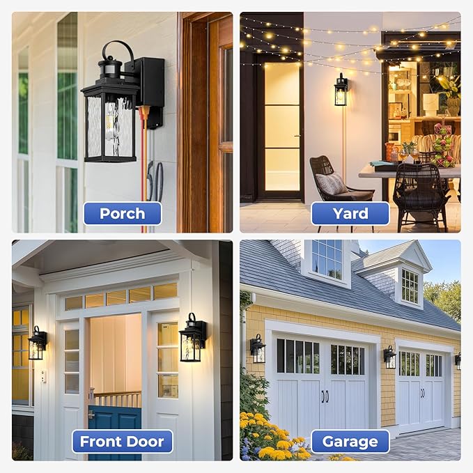 Outdoor Porch Light with GFCI Outlet, Black Motion Sensor Exterior Lighting Fixtures Wall Mount for House with Water Ripple Glass, Anti-Rust Waterproof Outdoor Wall Sconce Lantern for Garage