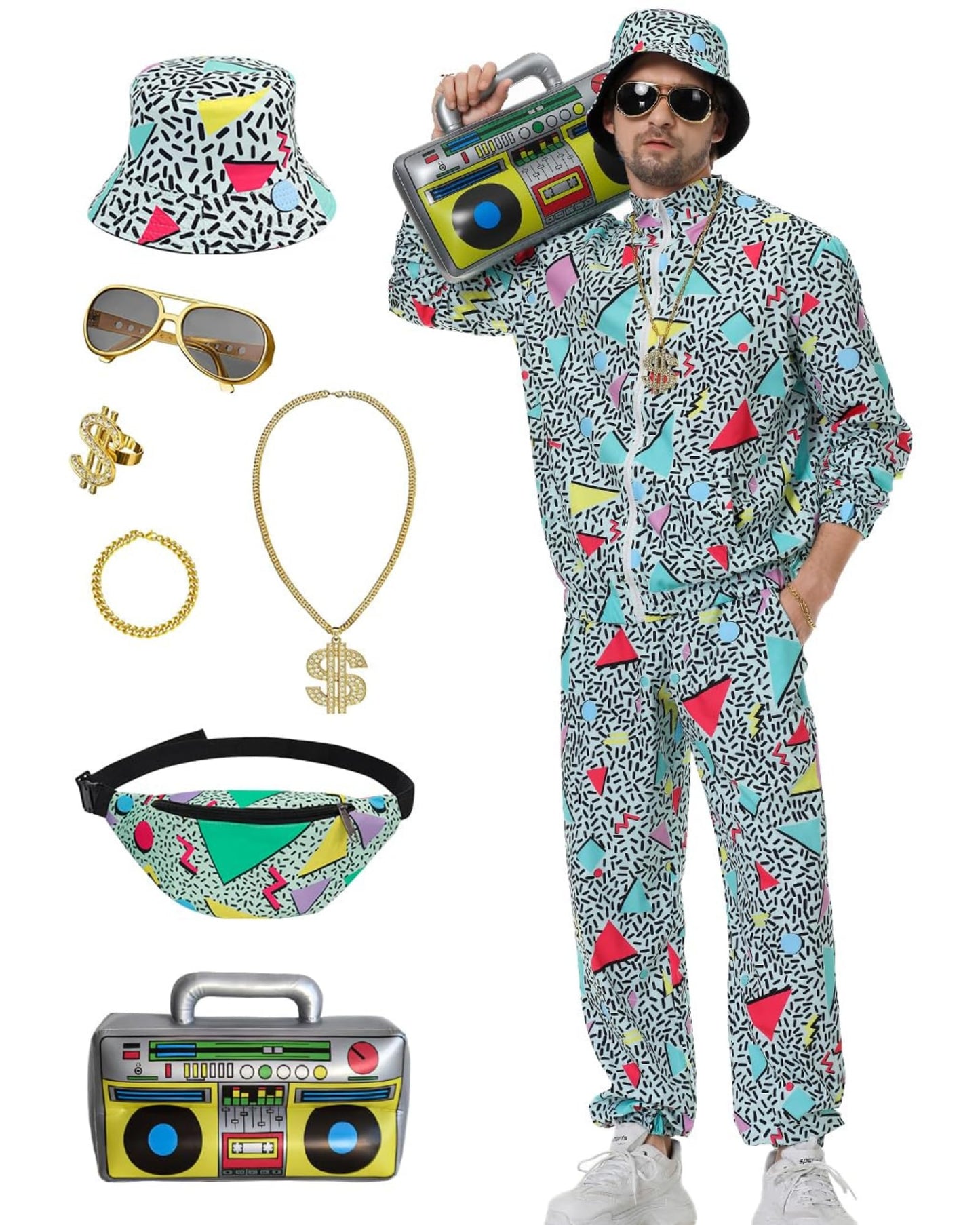 Deaboat Track Suits Mens Festival Outfit Halloween Cosplay Costume Men Outfit Holiday Tracksuit 90s Mens Clothing Windbreaker Set 9Pcs(Green/S)