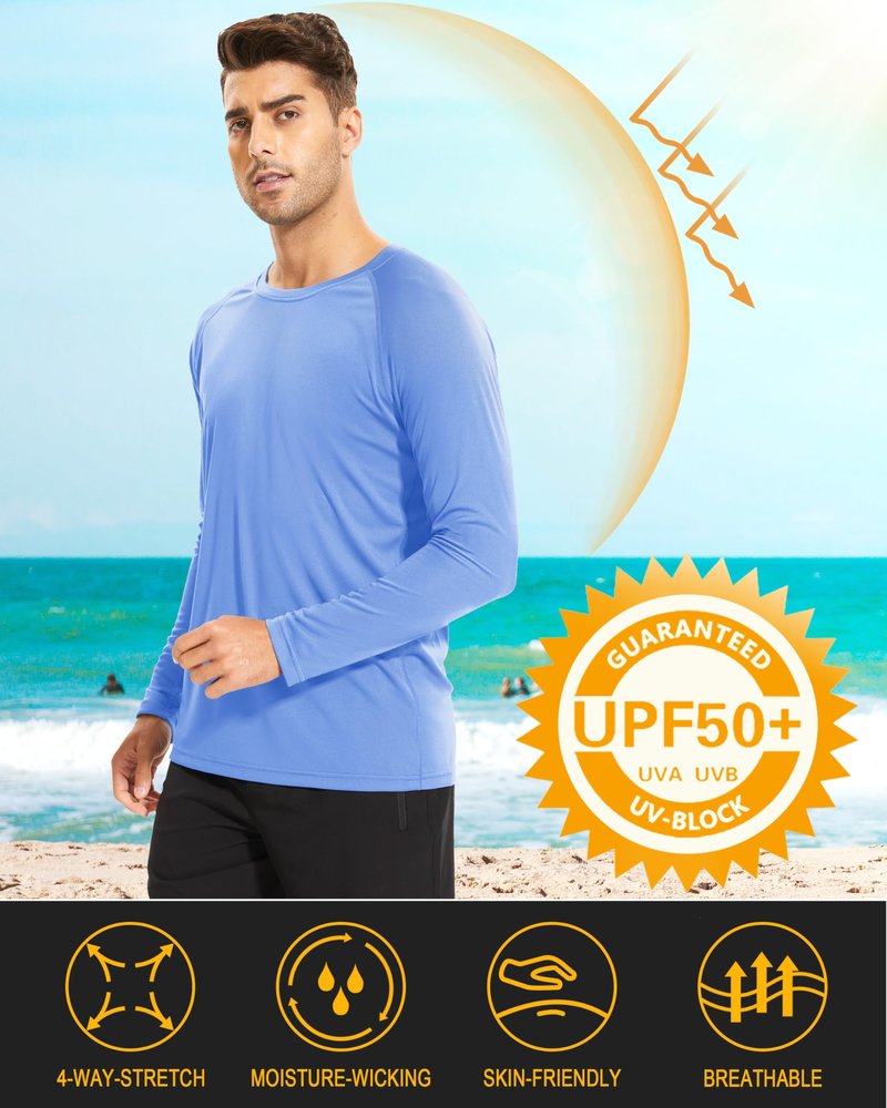 MAGCOMSEN Sun Protection Shirts for Men Long Sleeve Rashguard Quick Dry UV Protection UPF 50 Swim Hiking T-Shirt Light Blue
