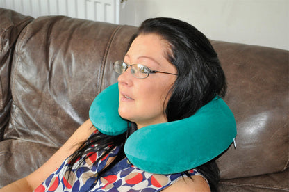 Memory Foam Moulded Pressure Relief Neck Cushion Comfort and Posture, Ideal for Travel Supports the Head, Neck and Chin when Sleeping use for Plane, Train or Car Journeys Travel Pillow In Teal