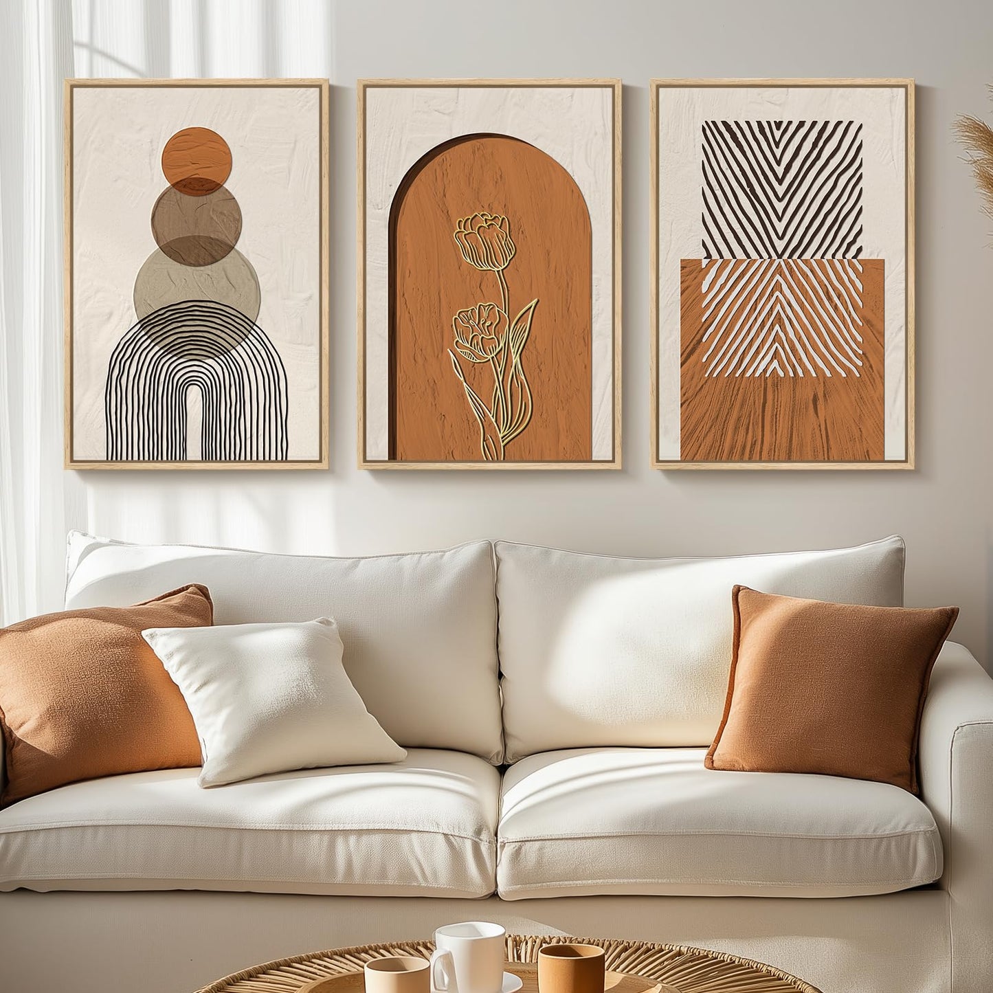 Framed Boho Sage Green Wall Art for Living Room, Large Mid Century Modern Tropical Leaf Canvas Artwork for Walls, 3 Piece Beige Orange Bohemian Wall Art Prints for Bedroom Kitchen Hallway, 16x24 Inch