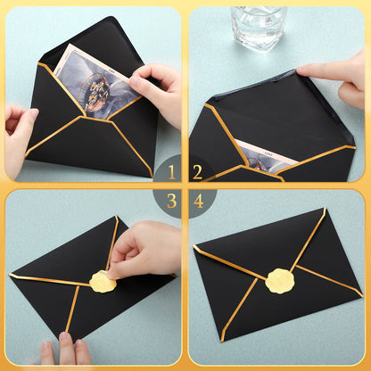 50 Pcs A7 Envelopes 5 x 7 Card Envelopes V Flap Mailer with Gold Border for Office Wedding Invitation Cards Graduation Baby Shower Greeting Cards(Black)