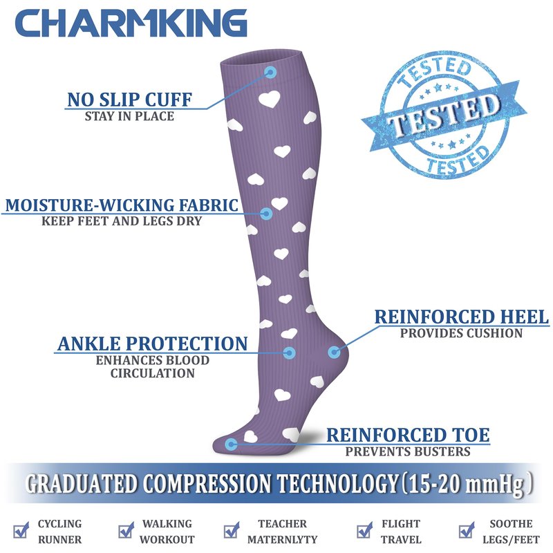 CHARMKING Compression Socks for Women & Men (8 Pairs) 15-20 mmHg Graduated Copper Support Calf Socks are Best for Pregnant, Nurses - Boost Performance, Circulation, Knee High Wide Calf(S/M, Multi 58)