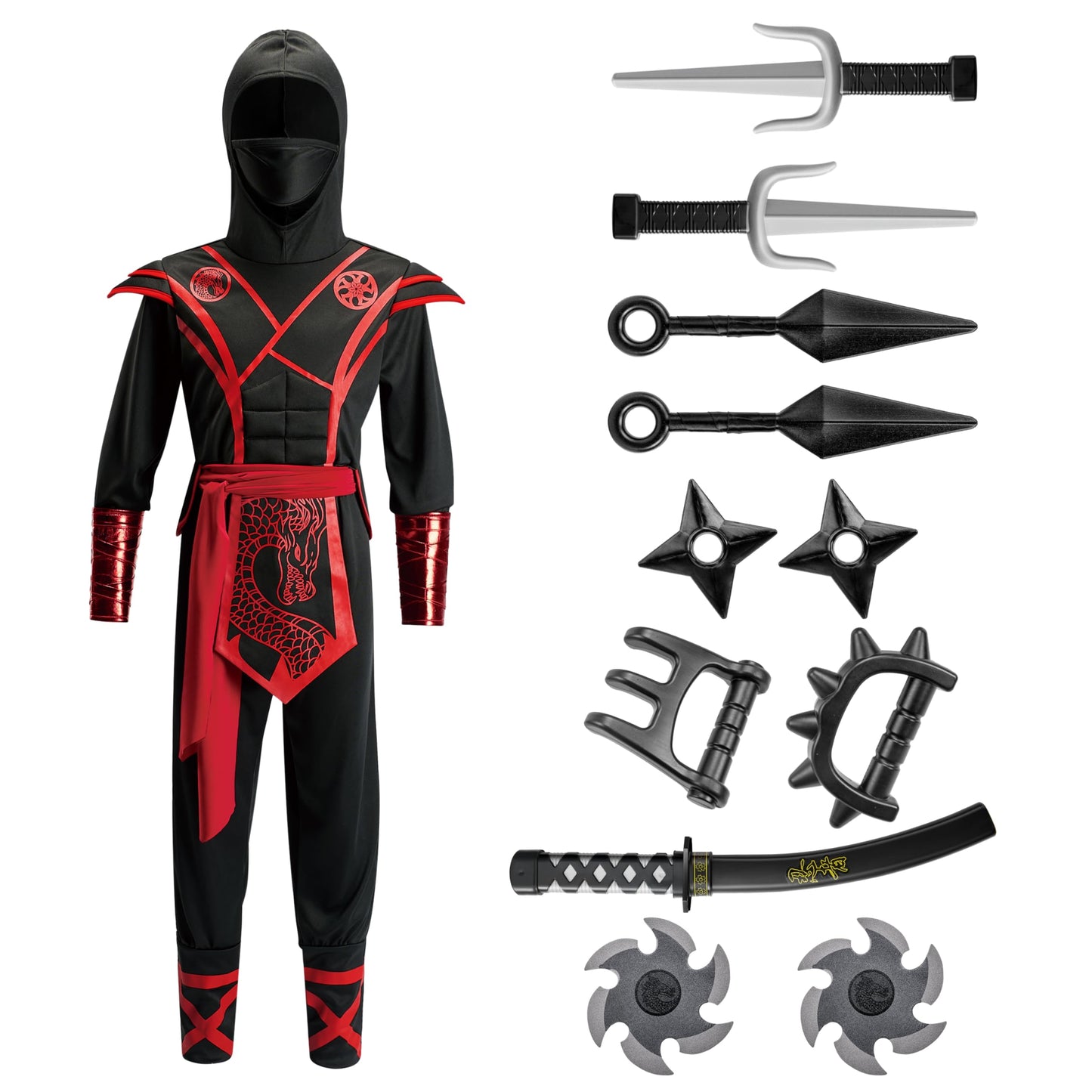 Spooktacular Creations Halloween Ninja Costume Kids, Black Red Ninja Dragon Jumpsuit Set, Boys Halloween Costume for DressUp and RolePlay Party (Medium, 8-10 yrs)