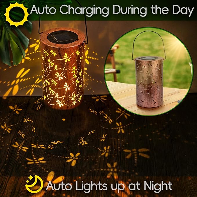 Boho Solar Lanterns Outdoor 2 Pack - Birthday Gifts for Women Mom Grandma Metal Hanging Solar Powered Unique Garden Decorative LED Lights for Outside Yard Patio(Dragonfly 2 Pack)
