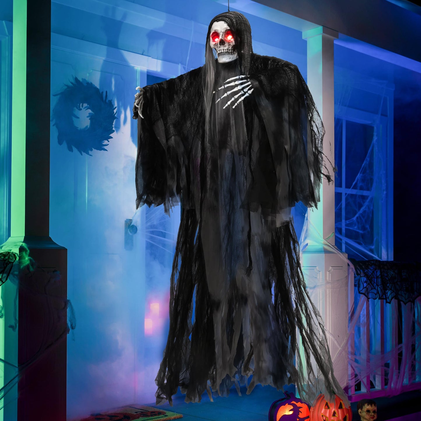 JOYIN 59” Halloween Animated Hanging Grim Reaper Outdoor Decorations with Glowing Eyes and Creepy Sound, Halloween Skeleton Ghost Decoration for Haunted House Prop Graveyard Lawn Indoor Party Supplies