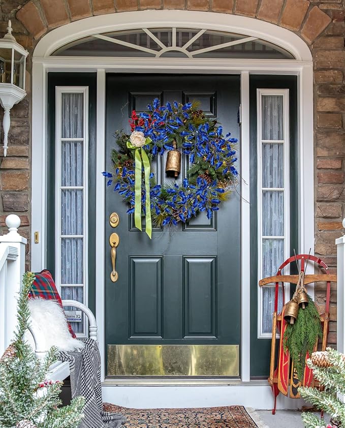 DILATATA 6Pcs Christmas Glitter Leaves Holly Leaves 23" Artificial Royal Blue Holly Leaf Picks Sprays Giltter Stems for Christmas Tree DIY Xmas Wreath Garland Home Decor - Royal Blue