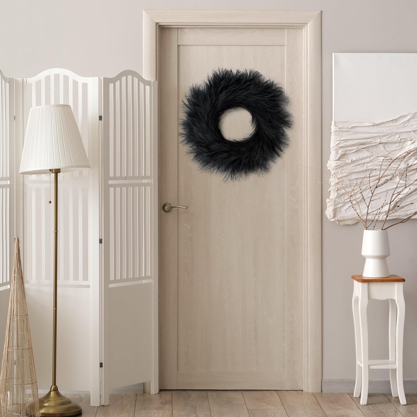 Sggvecsy Pampas Grass Wreath 26’’ Faux Pampas Wreath for All Seasons Artificial Pampas Wreath Christmas Decor Boho Wall Decor for Front Door Farmhouse Halloween Autumn Wreath Decoration (Black)