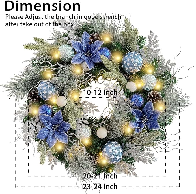 WANNA-CUL Pre-Lit 24 Inch Christmas Wreath for Front Door Silver Blue Lighted Christmas Door Wreath Decoration with Ball Ornaments, Poinsettia Flowers,Pine Cones, Battery Operated 30 LED Lights