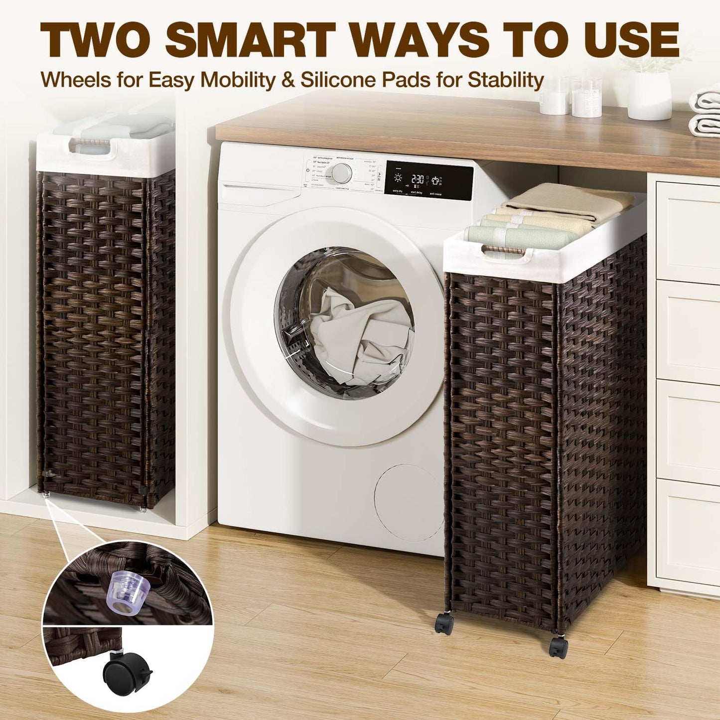 Greenstell Laundry Hamper with Wheels, 17.4 Gallon (66L) Slim Laundry Basket with 2 Removable Liner Bags & 2 Mesh Bags, Narrow Rattan Clothes Hamper for Bedroom, Laundry Room, Bathroom, Brown