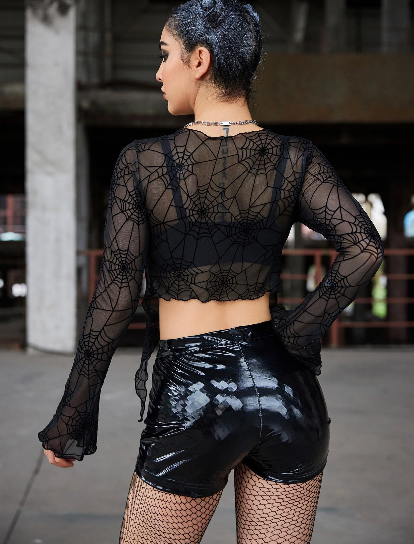 Avidlove Festivals Outfits for Women Rave Tie Front Tops See Through Crop Top V Neck Rave Outfits Spider M