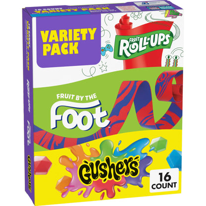 Fruit Roll-Ups, Fruit by the Foot, Gushers, Flavored Snacks Variety Pack, Gluten Free, 16 Ct, 10.2 oz