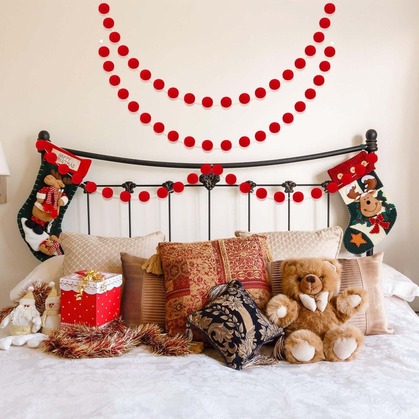 Tegeme 4 Pcs Felt Pom Pom Garland Ball Christmas Tree Decoration Home Hanging Banner Ball Ornaments 6.6ft Winter Pompom Garland for Xmas Holiday Birthday Party Indoor Home Room Decor(Red)