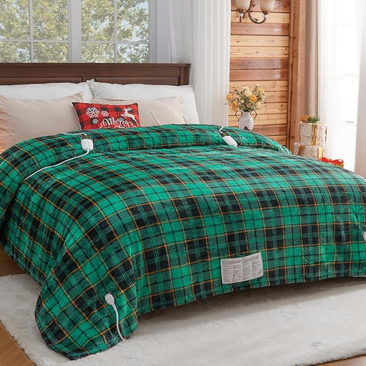 Electric Heated Blanket King Size, 90X100 Christmas Blanket with Dual Control&10 Heats Levels&Timer for Bed,Large Green Plaid Soft Sherpa Heating Blankets Warmer Gifts for Grandma Women Adults