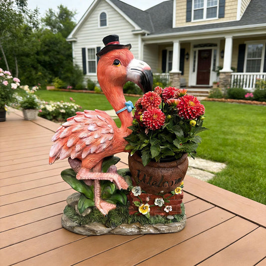 UNOIRNM Flamingo Welcome Planter Garden Statue - with Top Hat & Blue Bowtie – Lifelike 26.8” Tall, Weather-Resistant Resin – Perfect for Outdoor Lawn, Patio, & Porch Décor – Black top hat