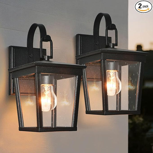ALVIME Outdoor Wall Light Fixtures, Waterproof Outdoor Sconce Lights, Exterior Wall Lanterns, Porch Outside Lighting for Entryway, Backyard, Patio, Garage, Clear Seeded Glass Black 2 Pack
