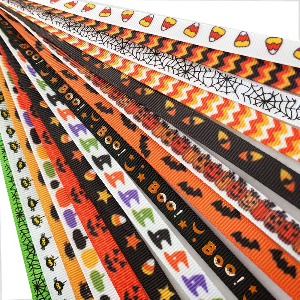 Chenkou Craft Assorted 15 Yards 3/8" (10mm) Grosgrain Ribbon DIY Craft Accessory Halloween Ribbons
