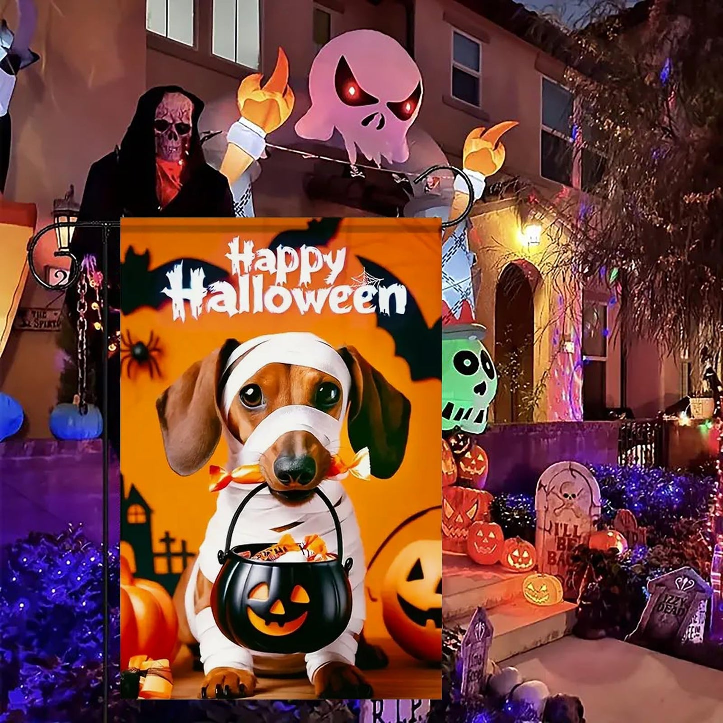 abzdfty Halloween Dog Garden Flag 12x18 Inch Double Sided Happy Halloween Pumpkin Garden Flags Yard Flag for Outside, Patio, Porch and Lawn