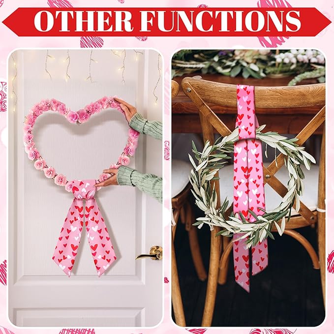 Wreath Sash for Front Door Wreath Satin Sash Blank Sashes Embroidery Monogram Yard Doorway Indoor Outdoor Wall Ribbon Bow Home Decor(Red, Pink,Romantic Heart Print)