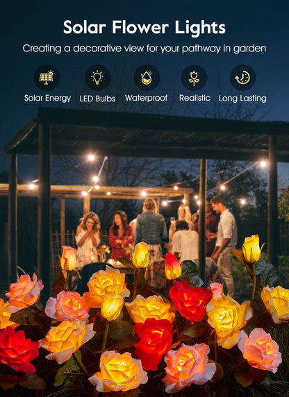 Garden 4 Pack LED Solar Flower Lights with Larger & More Realistic Rose Flowers, Bigger Solar Panel, Waterproof Solar Outdoor Lights for Yard Patio Lawn Pathway Walkway Decoration