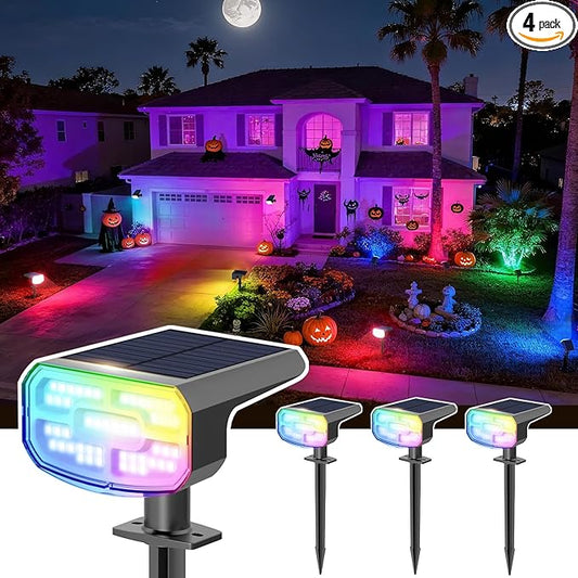 Color Changing Solar Spot Lights Outdoor Waterproof IP65,9 Lighting Modes Multicolor RGB Halloween Spotlight for Porches Yard Gardens Landscape Deconrations-4 Pack