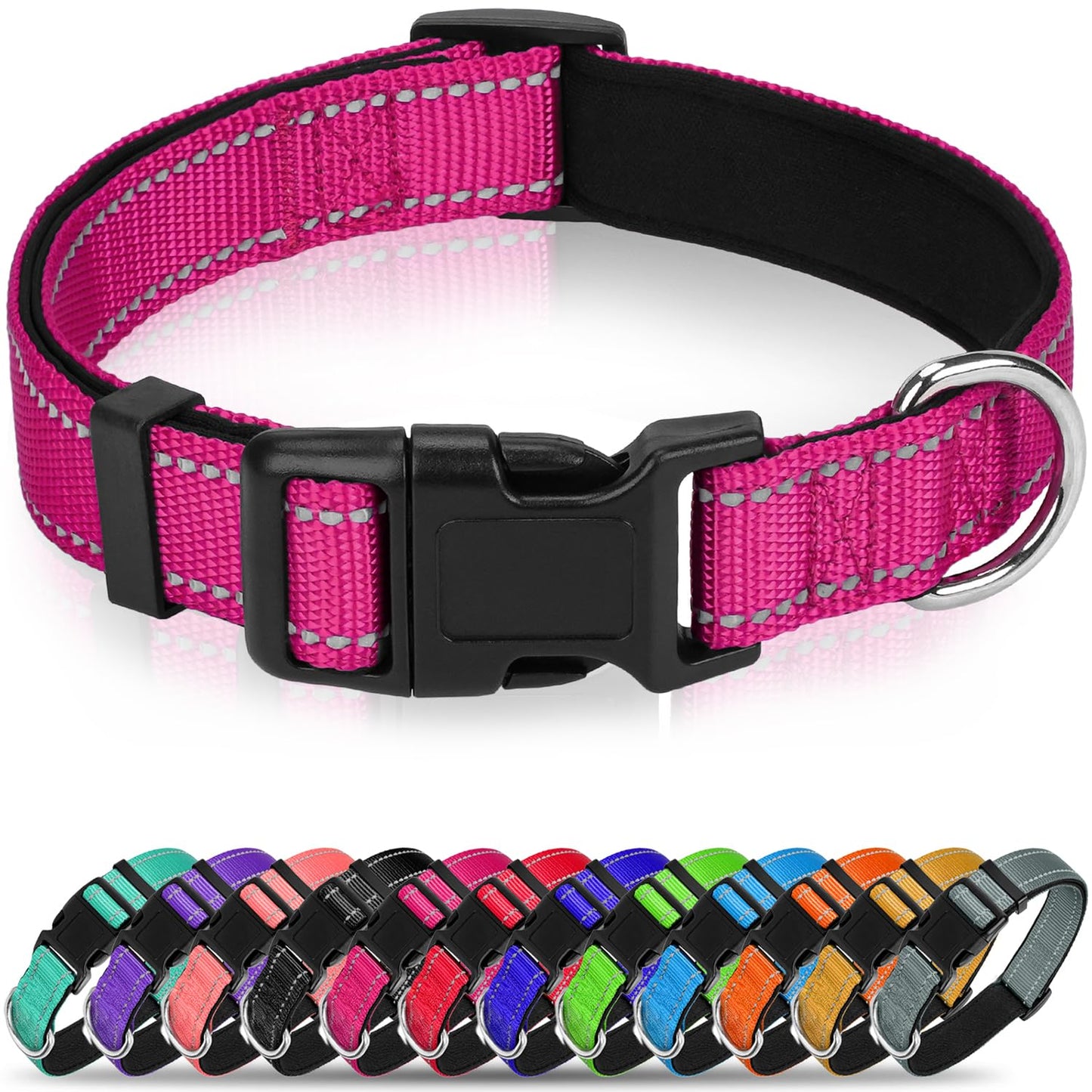 Erbine Reflective Dog Collar for Large Dogs, Wide Nylon Adjustable Collar with Soft Padding, Durable Buckle for Pitbull Labrador Retriever,Hotpink,L