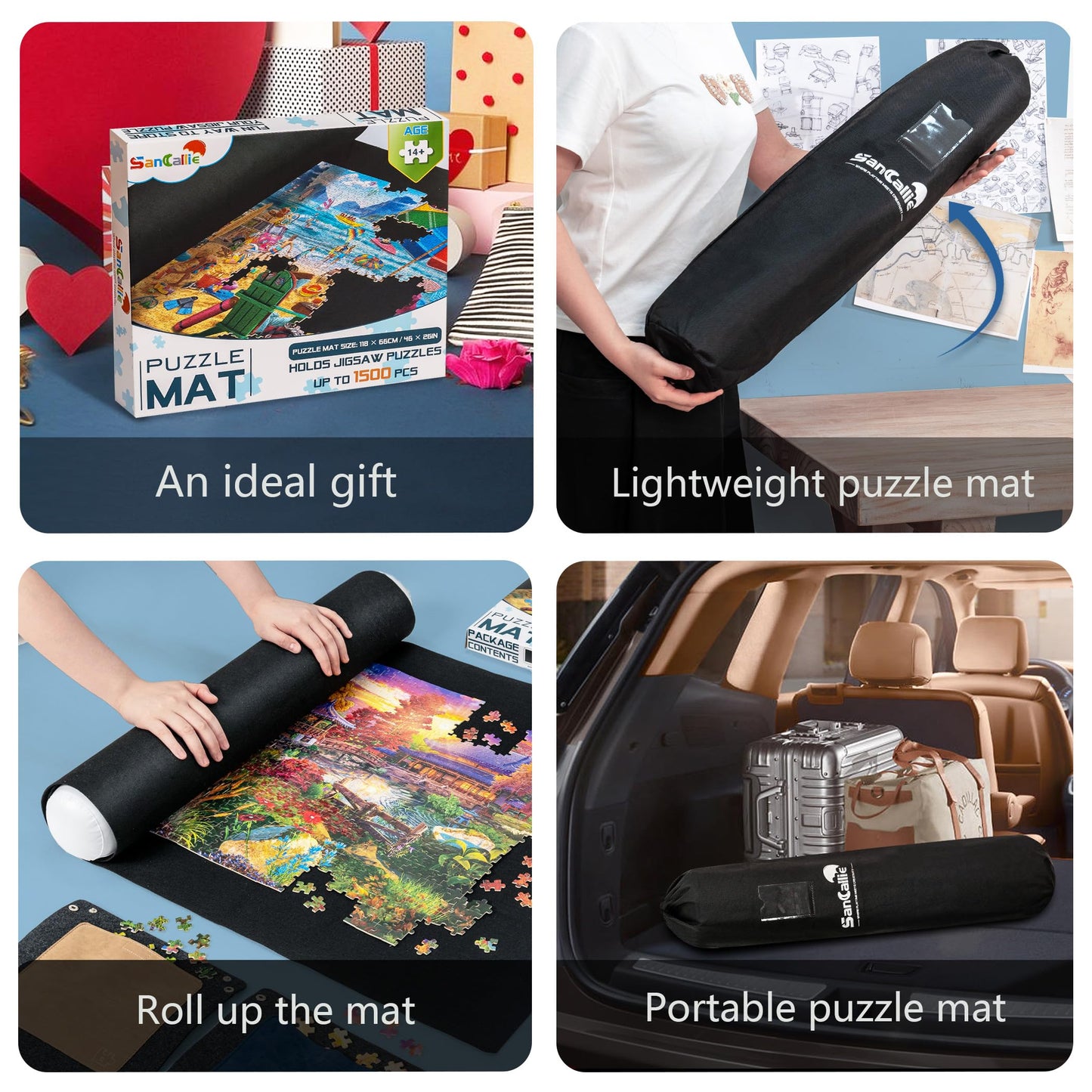 Sancallie Large Puzzle Mat Roll Up, Jigsaw Storage 46"x26" Felt Mat, Jigroll Up to 1500, 1000, 500 Pieces with 4 Puzzle Trays, Material for Jigsaw Puzzle Player, Box with Drawstring Storage Bag