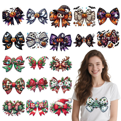 Shejdgart Dtf Transfers Ready to Press - 20 Pcs Halloween Christmas Bow Iron on Patches for T-Shirts, Pumkin Bat Heat Transfer Designs Vinyl Stickers, Iron on Decals for Clothes Bags, DIY Party Décor