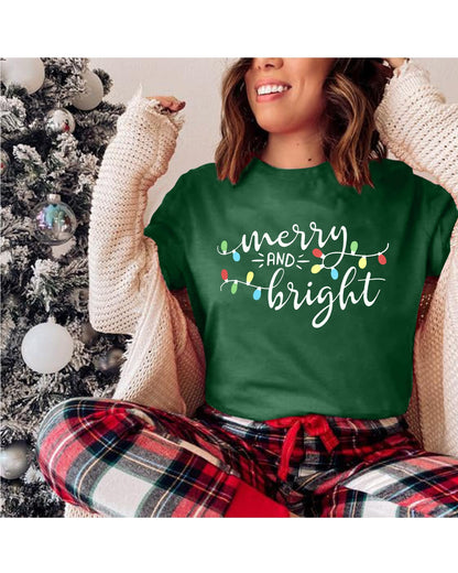 Christmas Shirts for Women Merry and Bright Shirt Xmas Holiday Tshirt Graphic Christmas Lights Tee Tops Green