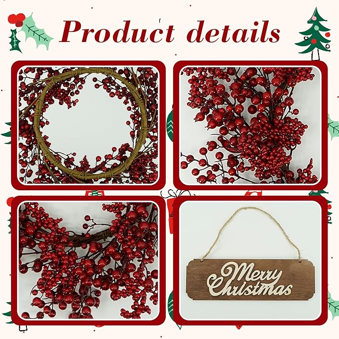 YNYLCHMX 20 Inch Christmas Wreath for Front Door, Winter Wreath with Welcome Sign Red Berries, Artificial Door Xmas Wreaths for Window Wall Fireplace Farmhouse Holiday Party Decoration