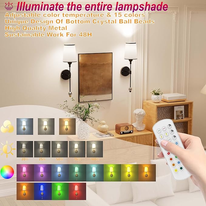 PAIHOME Wall Sconces Set of Two Battery Operated, Rechargeable Wireless Sconces with 5000mAh, 15 Colors Remote Control Dimmable Black Wall Sconce for Bedroom Living Room Bathroom Hallway Wall Decor