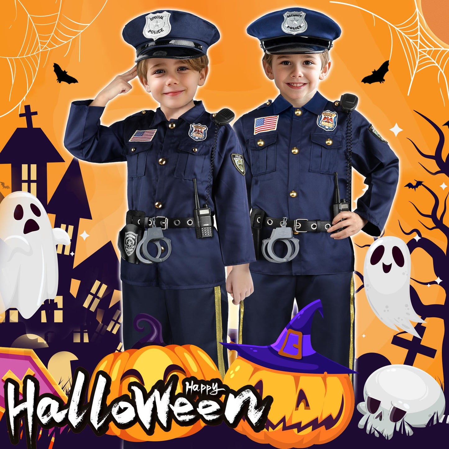 Joycover Police Officer Costume for Kids, Cop Costume Outfit Set with Toy Accessories, Halloween Costumes for Boys