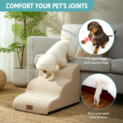 COZY KISS Dog Stairs for Small Dogs, Curved Pet Step with Leakproof Cover, High Density Foam Cat Ramp for Bed or Sofa, Lightweight, Durable, Comfort, 15.7x22.4x15.7 inch, 3 Tiers, Beige