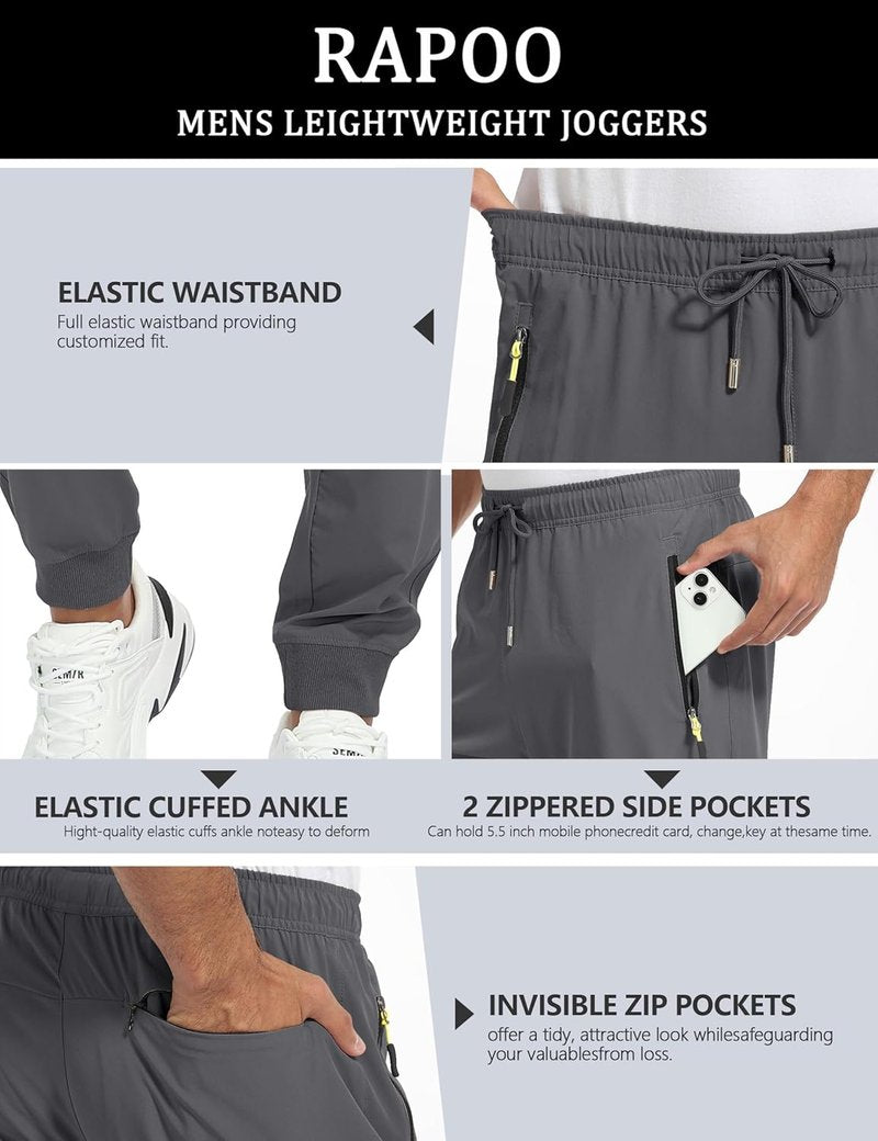 Rapoo Men's Lightweight Jogger Pants - Quick Dry Athletic Track Pants with 3 Zipper Pockets | Perfect for Gym & Running