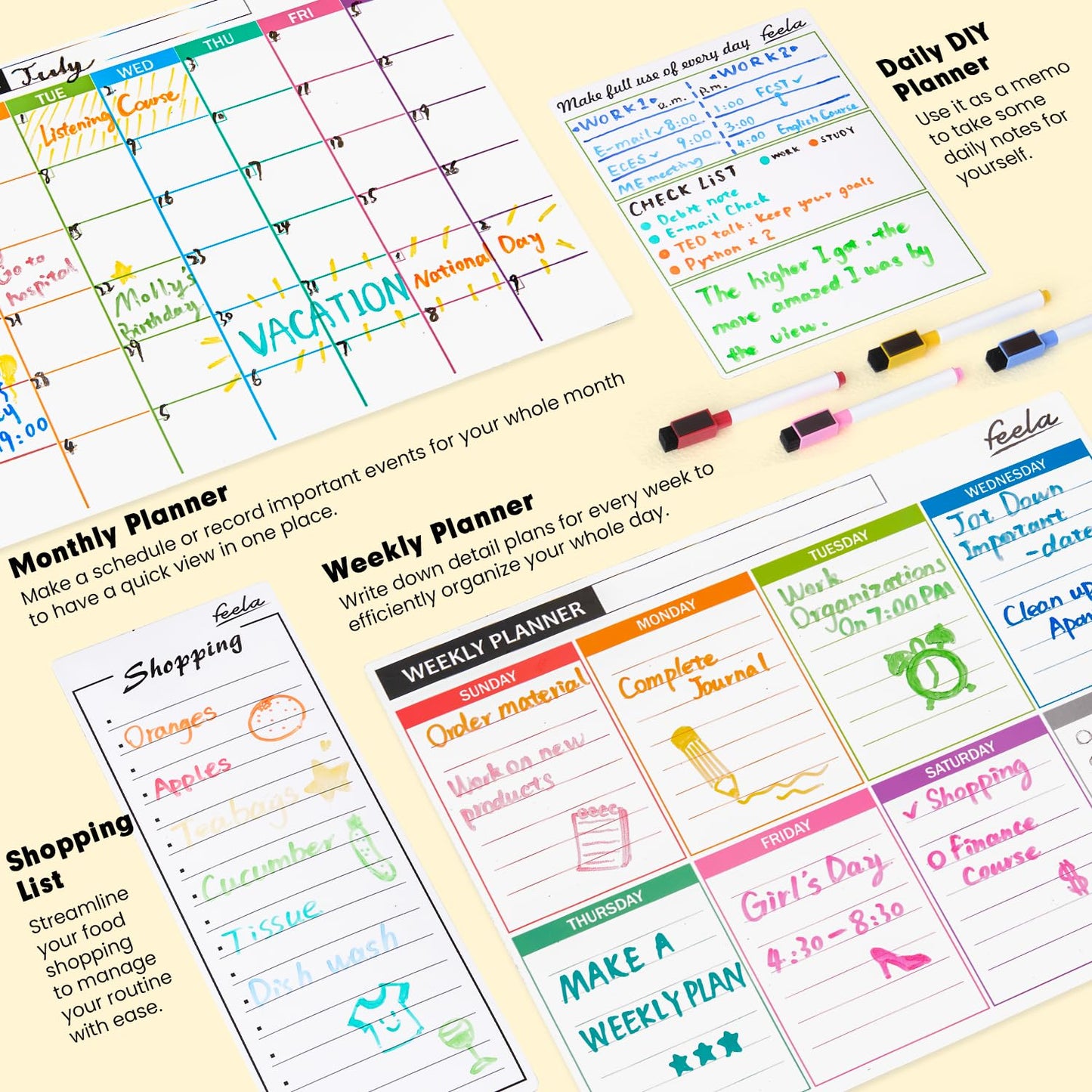 4 Pack Dry Erase 2024 Magnetic White Board Calendar Kit, Feela Monthly Weekly Calendar for Wall Refrigerator, Office Supplies with 8 Magnetic Erase Markers, 1 Eraser, 10 Stickers for Schedule