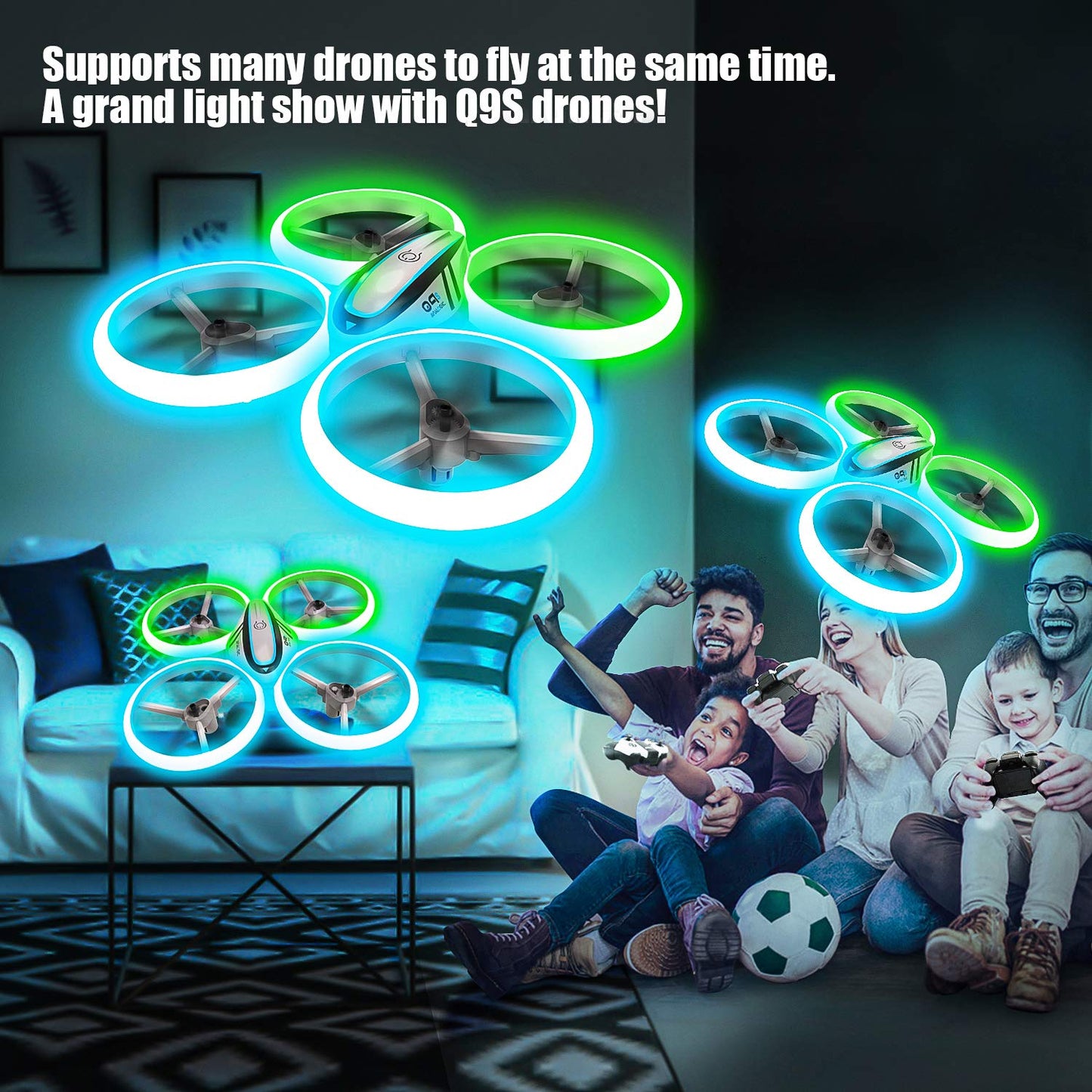 AVIALOGIC Q9 Drones for Kids,RC Drone with Altitude Hold and Headless Mode,Quadcopter with Blue & Green Lights,Propellers Full Protect and Double Batteries,Easy to fly Gift Toy for Boys and Girls