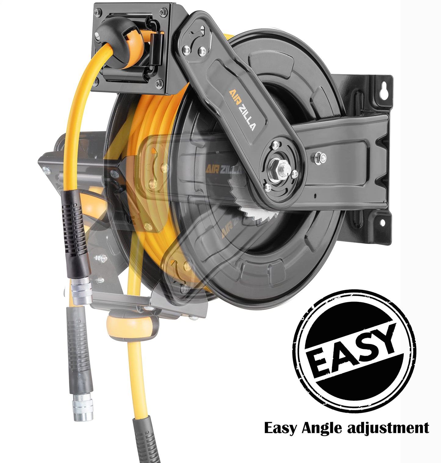 AIRZILLA Premium Steel Retractable Air Hose Reel With Dual Arm, 3/8"x65Ft Hybrid Polymer Hose, Heavy Duty Air Hose Reel included Auto Rewind Reel | Quick Air Coupler | Durable Double side Frame