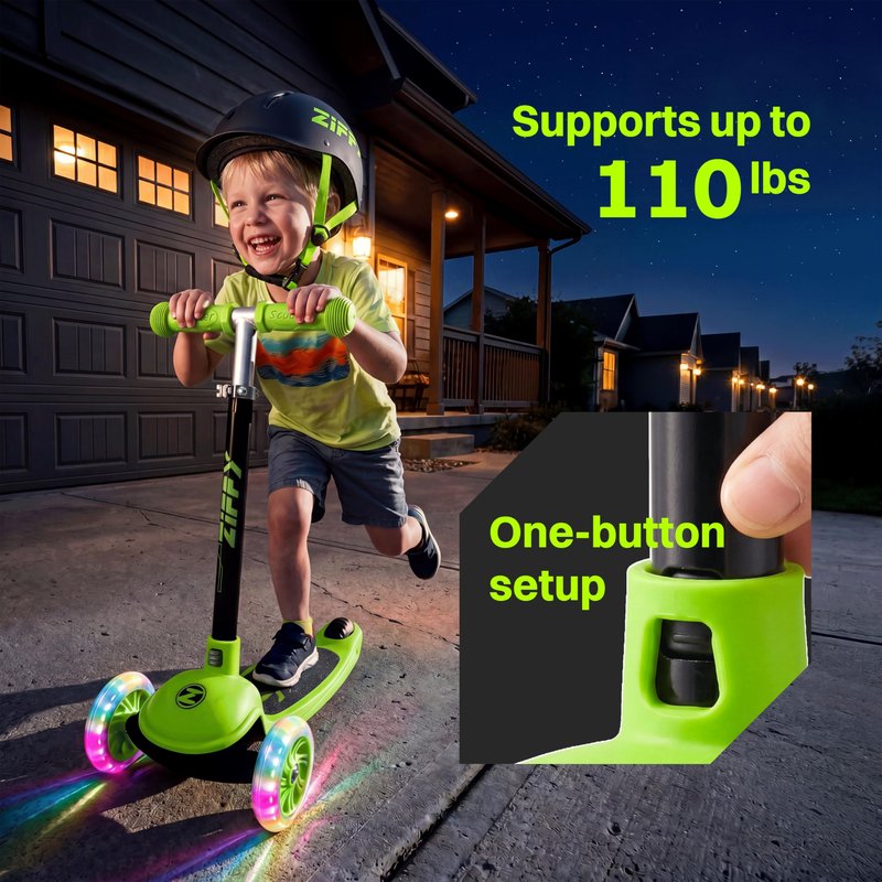 JOVA ZIFFY 3 Wheel Scooter for Kids 3-5, Toddler Kick Scooters with LED Light-Up Wheels for Boys and Girls, 5 Adjustable Height and Lean-to-Steer Design, Support up to 110 lbs, Green