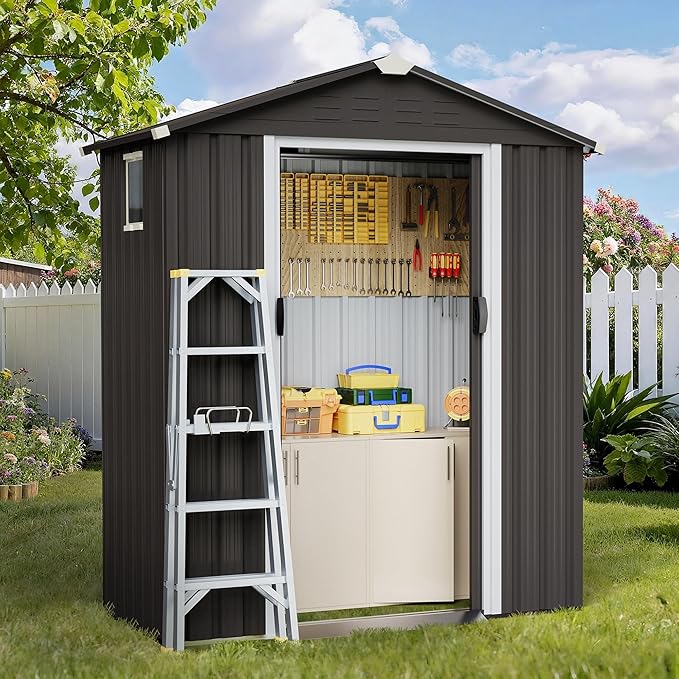 Shintenchi 5x3 FT Outdoor Storage Shed with Window, Lockable Outdoor Waterproof Tool Storage Sheds, Weather Resistant Tool Storage House Shed for Garden,Backyard,Patio Utility Tool Storage,Dark Gray