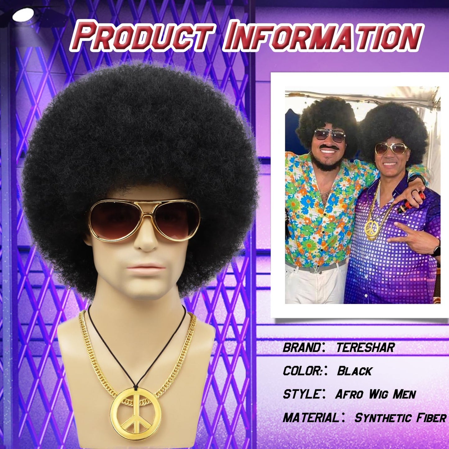 Tereshar 70s Mens Afro Wig for Disco Party, 5pcs Set (Glasses+ Golden Chain+Peace Sign Necklace+ Wig Cap) Black Afro Curly Retro Disco Hippie Wigs for 70s 80s Costume Halloween Cosplay Use